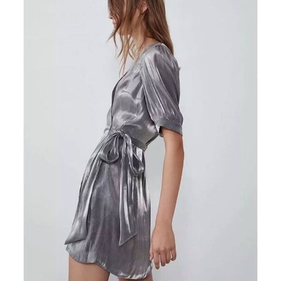 NWOT Zara Metallic Silver Laminated Pewter Wrap Mini Dress Sz XS - Picture 7 of 11